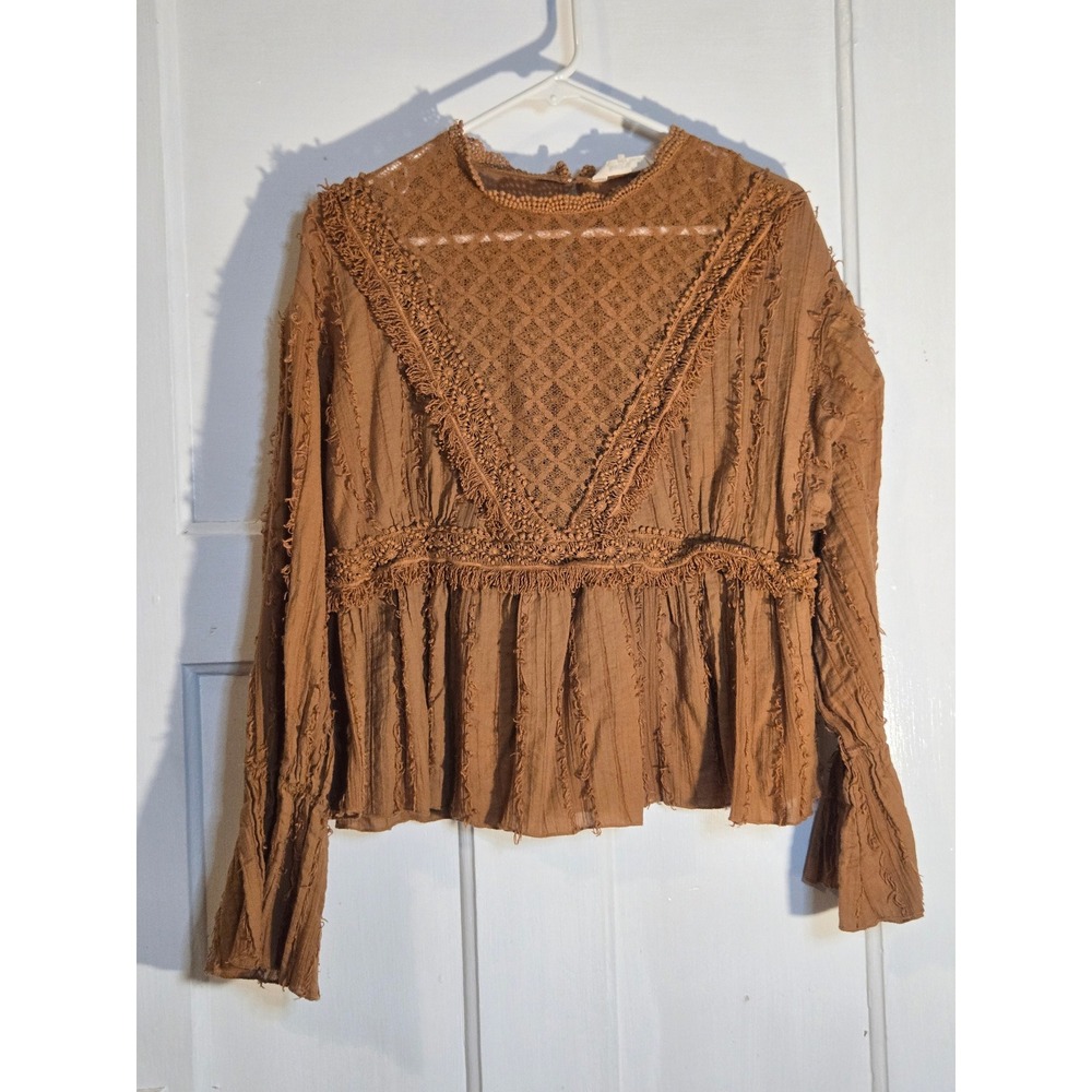Rocks & Indigo Rust Brown Crochet Lace Eyelash Fringe Boho Blouse L B2673C1ST